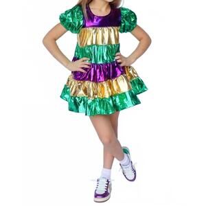 NEW BELLE CHER mardi gras metallic striped dress in green